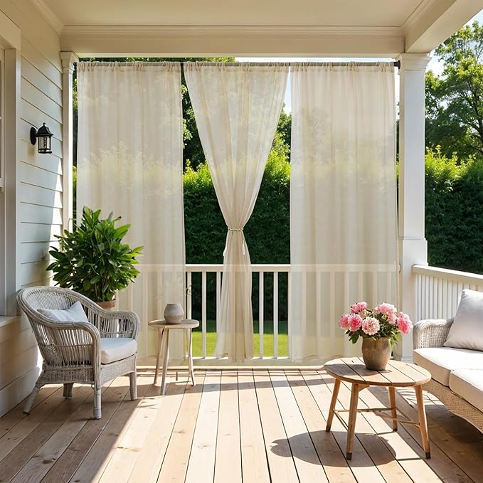 HolidayIdeas All Weather Outdoor Patio Sheer Curtains 6 Pcs Linen Look Rod Pocket Sheer Outdoor Curtains for Porch, Balcony, Gazebo, Pergolas, Cabana, Linen, 54x108 Inch