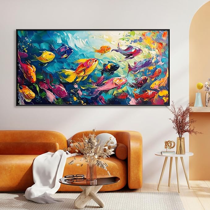School of Fish Printed Canvas Wall Art – Framed Abstract Ocean Print – Vibrant Fish Wall Decor for Living Room, Bedroom, Office (Gold Framed, 31"x15"|80x40cm)