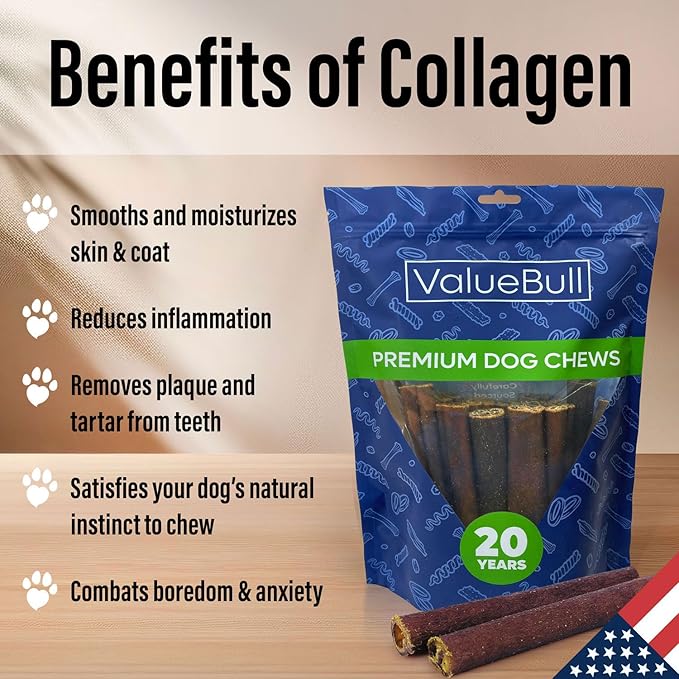 ValueBull USA Collagen Sticks for Dogs, 6 Inch Medium Chews, Natural Long-Lasting Dog Treats, 400 Count Wholesale Pack - Promotes Joint, Skin & Coat Health with Glucosamine and Chondroitin
