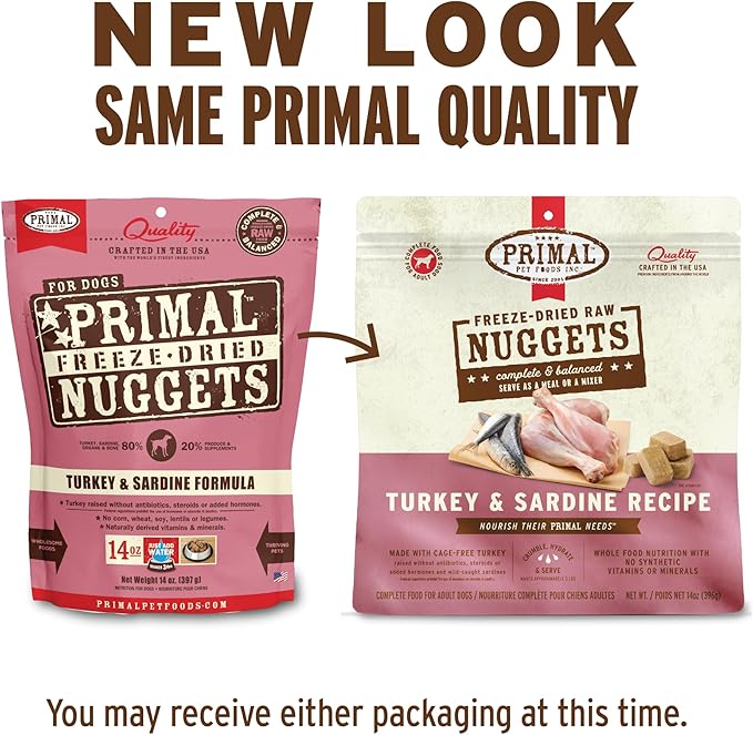 Primal Freeze Dried Raw Dog Food Nuggets, Turkey & Sardine, Complete & Balanced Meal, Also Use as Topper or Treat, Premium, Healthy, Grain Free, High Protein Raw Dog Food, 14 oz (Pack of 4)