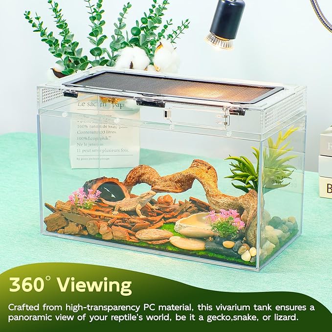 Reptile Tank Kit with Heat Lamp, Spray Bottle, Shovel, Tweezers, Food Bowl, Hideout -Perfect for Geckos, Jumping Spider,Milk Frog,Hermit Crabs,Snakes, Lizards (8''×8''×6'')