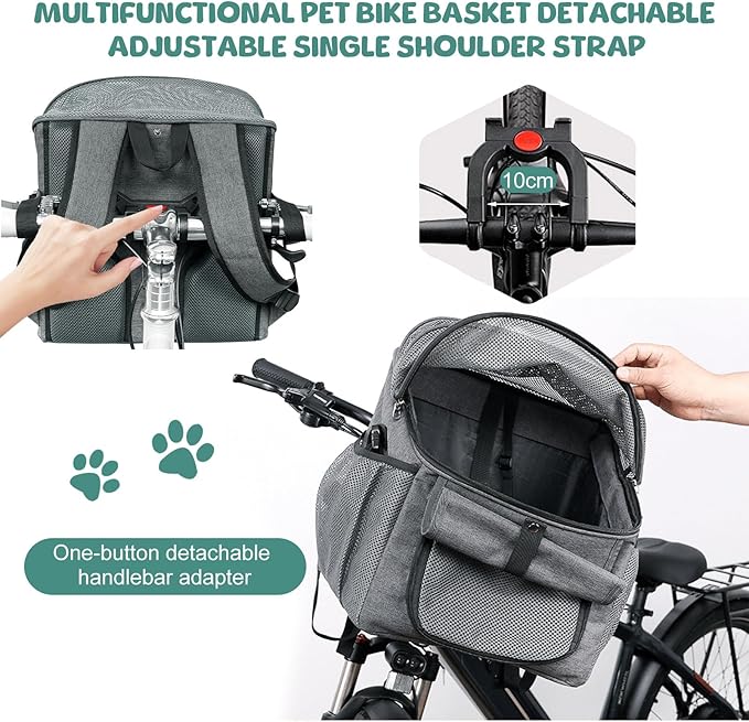 Qivine Dog Bike Basket, Oxford Cloth Dog Basket for Bike with Adjustable Mesh Windows, 11 Lbs Portable Dog Carrier for Bike with Widen Shoulderpad, Bicycle Basket Bag for Dogs and Cats