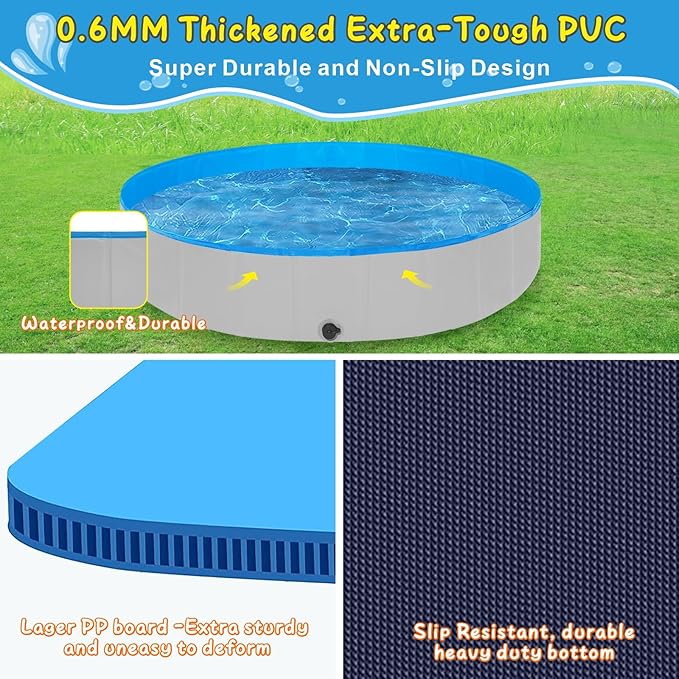 Foldable Dog Pool, 63" Kiddie Pool Hard Plastic, Portable Dog Swimming Pool for Large Dogs, Collapsible Pet Wading Pool & Bath Tub Outdoor Kids Pool Anti-Slip