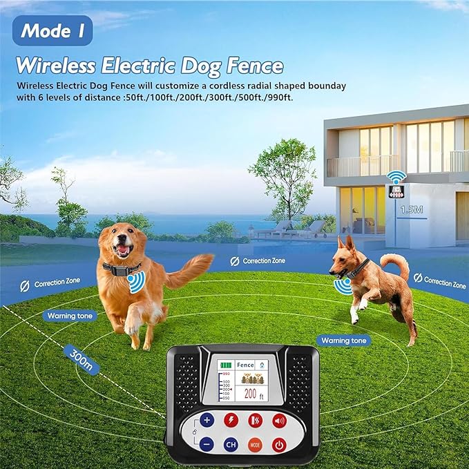 Wireless Dog Fence, 2024 Pet Boundary Containment System, Electric Dog Fence & Remote Training Collar 2in1, Adjustable Vibration & Shock, IP65 Waterproof Collar for Large and Medium Dogs ,for1dog