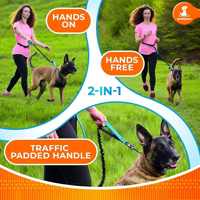 SparklyPets - Hands Free Dog Leash with Reflective Stitches - Waist Leash for Male Dog Walking, Hiking, Training, Jogging, Canicross, Running - Medium & Large Dogs, Gradient Blue