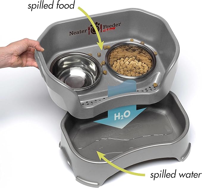Neater Feeder Deluxe Mess Proof Dog Bowls Elevated for Medium Sized Breeds – Made in USA – No Spill Raised Slow Feeder Elevated Dog Bowl Stand, Stainless Steel Food and Water Bowl Set, Grey