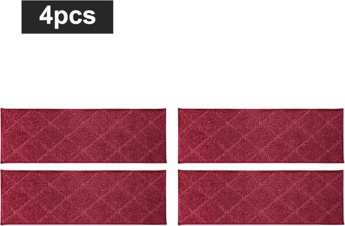 COSY HOMEER Edging Stair Treads Non-Slip Carpet Mat 28inX9in Indoor Stair Runners for Wooden Steps, Edging Stair Rugs for Kids and Dogs, 100% Polyester TPE Backing (4pc, Red)