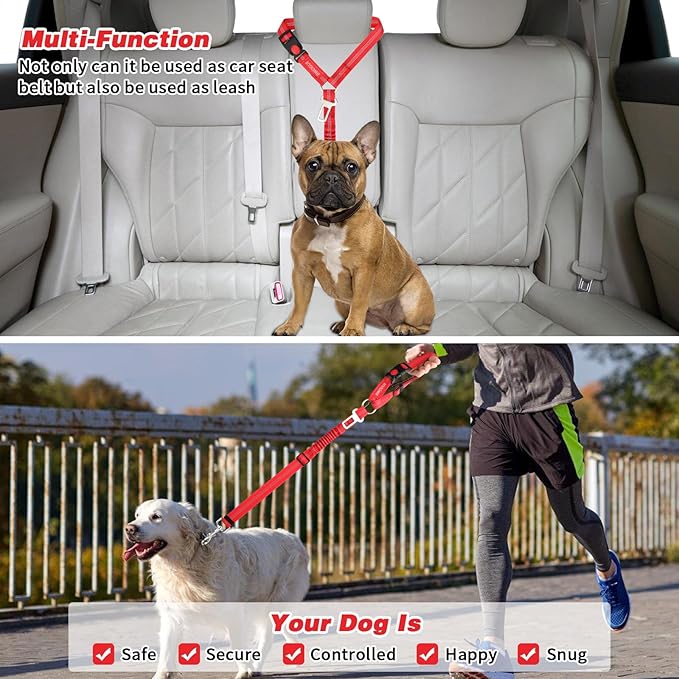BWOGUE Pet Dog Cat Seat Belt Reflective Car Dog Headrest Restraint Leash Elastic Buffer Bungee Adjustable Tangle-Free Safety Leads Vehicle Seatbelt Harness for Small, Medium and Large Dogs (1 Pack)