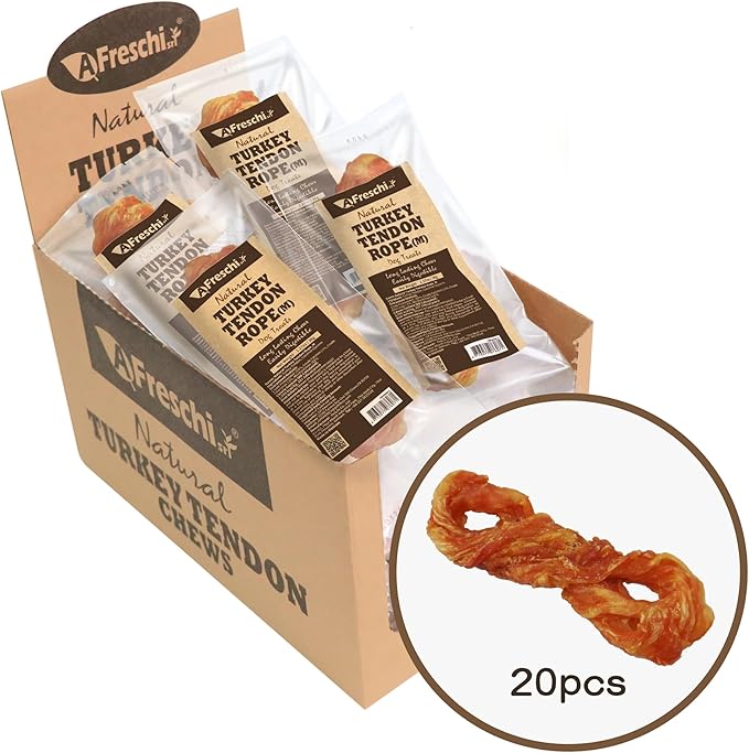 Afreschi Natural Turkey Tendon Rope (M) 20 Units/Box, Dog Treats for Signature Series, All Natural Human Grade Puppy Chew, USA-Sourced Turkey Tendon, Hypoallergenic, Rawhide Alternative
