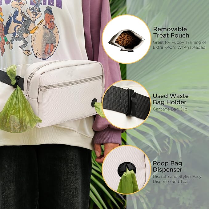 Puppy Dog Treat Pouches for Pet Training Treat Bag, Dog Walking Fanny Pack with Carabiner, Built-in Poop Bag Dispenser & Reuse Dog Poop Holder, Puppy Pet Treat Waist Belt (Cream)