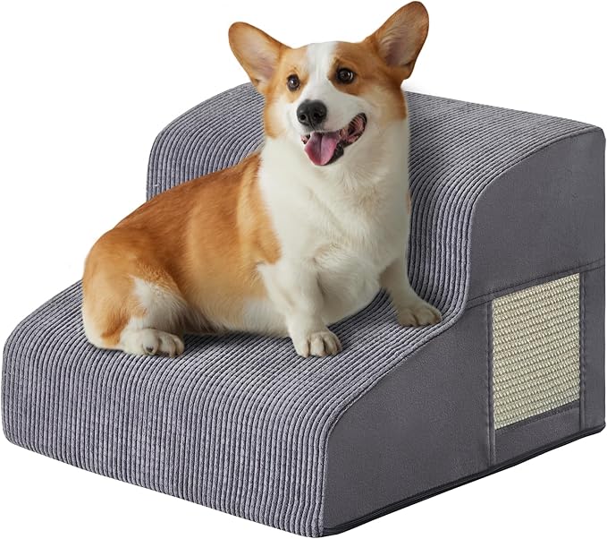 Dogs Steps for Bed, Dog Stairs for Small Dogs, 2-Step Dog Ramp for Bed, Couch, Sofa, and Chairs, Non-Slip Bottom Design, Cat Scratching, High Density Foam Portable Pet Step, Indoor, Grey