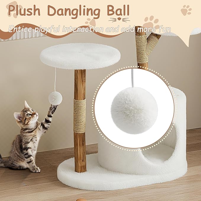 Modern Wood Cat Tree Tower for Large Cats | Luxury Solid Pear Wood Condo with Platforms, Scratching Posts & All-Season Mats, 43" Aesthetic Cat Furniture, 2 Branch