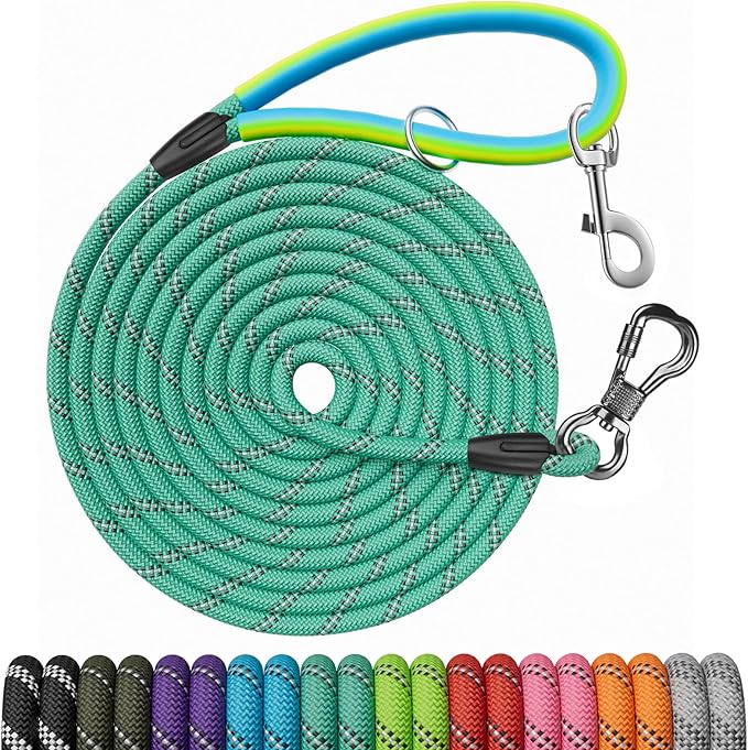NTR Long Dog Leash, 15FT Check Cord with with 2 Swivel Hooks and Soft Rubber Handle for Pink Leash for Small Medium and Large Dogs Walking Training Hiking Camping Playing-Teal