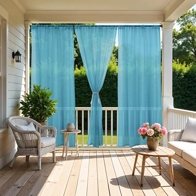 HolidayIdeas All Weather Outdoor Patio Curtains 6 Pcs Linen Look Rod Pocket Sheer Outdoor Curtains for Pool Side, Porch, Balcony, Pergolas,Cabana, Aqua,54x120 Inch