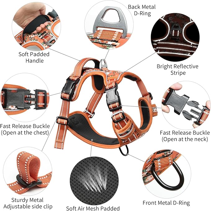 Timos Dog Harness, No Pull Dogs Harness 3 Snap Buckles Adjustable Reflective No Choke Pet Vest for Small Dog with Soft Padded Control Training Handle for Outdoor Training,Flower Orange, S