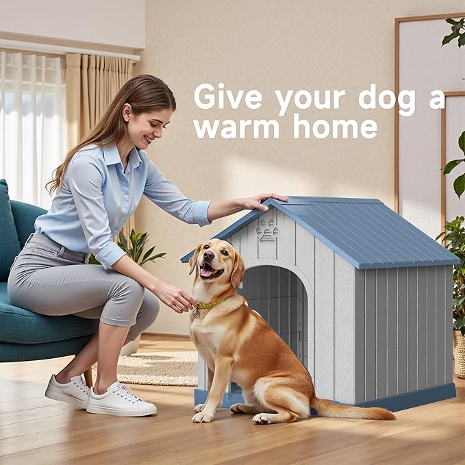 Vixzen 38in Large Outdoor Dog House,Durable Water Resistant Resin Dog House,Doghouse for Small to Large Dogs Indoor or Outside,with Air Vent and Elevated Floor,Blue