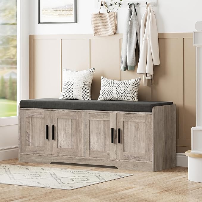 2-Tier Storage Bench, Shoe Bench with Thickened Padded Seat Cushion, Entryway Bench with 4 Doors, Adjustable Shelf, 13.8" D x 45.3" W x 18.5" H, for Entryway, Living Room, Bedroom, Greige