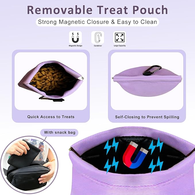 Puppy Dog Treat Pouches for Pet Training Treat Bag, Dog Walking Fanny Pack with Carabiner, Built-in Poop Bag Dispenser & Reuse Dog Poop Holder, Puppy Pet Treat Waist Belt (Purple)