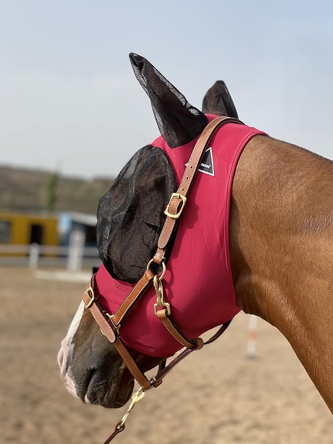 Horse Fly Mask Super Comfort Horse Fly Mask Elasticity Fly Mask with Ears We Only Make Products That Horses Like… (Burgundy, M)