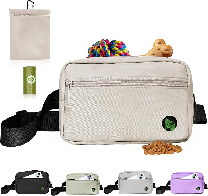 Puppy Dog Treat Pouches for Pet Training Treat Bag, Dog Walking Fanny Pack with Carabiner, Built-in Poop Bag Dispenser & Reuse Dog Poop Holder, Puppy Pet Treat Waist Belt (Cream)