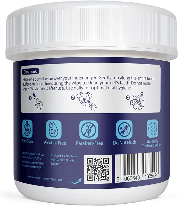 NOVEHA Pets Dental Finger Wipes for Dogs & Cats | Freshens Breath, Reduces Plaque | Healthier Gums | Clean Teeth No Toothbrush | Vet Recommended Effective Natural Oral Care (50 pcs, Mint)