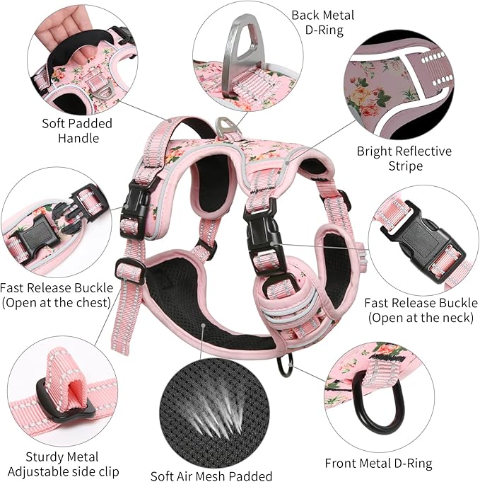Timos Dog Harness, No-Pull Pet Harness with 2 Leash Clips, 3 Snap Buckles Adjustable Soft Padded Dog Vest, Reflective No-Choke Pet Oxford Vest with Easy Control Handle for Small Medium Large Dogs