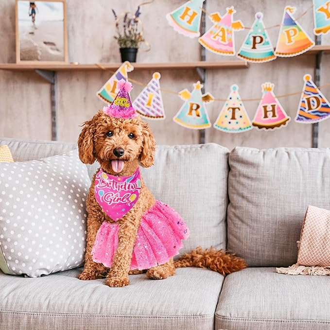 SCENEREAL Dog Birthday Bandana with Hat and Dress Girl Set, Puppy Birthday Party Supplies, Cute Pink Tutu Skirt Outfit for Small Medium Large Dogs