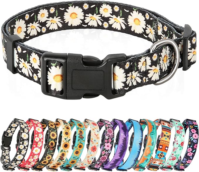 HEELE Dog Collar, Adjustable Soft Dog Collar for Small Medium Large Dogs,Daisy Floral Patterned Puppy Collars with Quick Release Buckle Daisy Black L Length 15.94''-25.59'