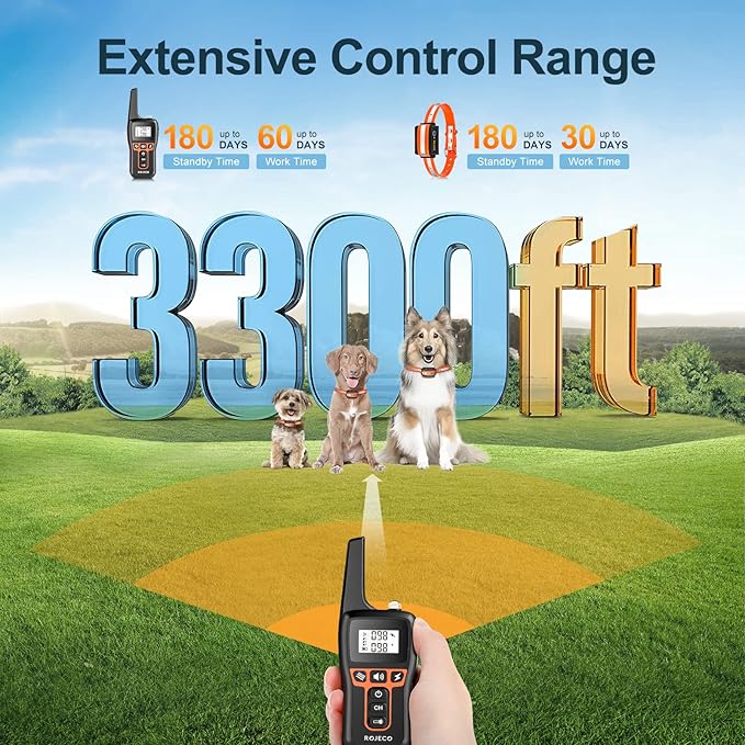 ROJECO Dog Shock Collar for 2 Dogs with 3300FT Remote，IPX7 Waterproof Rechargeable Shock Collar for Large Medium Small 2 Dogs for 4 to 120 lbs，3 Safe Training Modes with Beep，Vibration and Shock