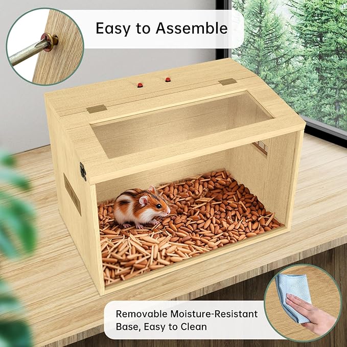 24" Hamster Cage, Top Opening Lockable Roof Door Gerbil Cage, Dwarf Hamster Cage with Hygrometer, Mice and Small Animal Habitat, Chewproof Syrian Hamster Enclosure, (Wooden, 24" L x 16" W x 16" H)