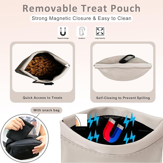 Puppy Dog Treat Pouches for Pet Training Treat Bag, Dog Walking Fanny Pack with Carabiner, Built-in Poop Bag Dispenser & Reuse Dog Poop Holder, Puppy Pet Treat Waist Belt (Cream)