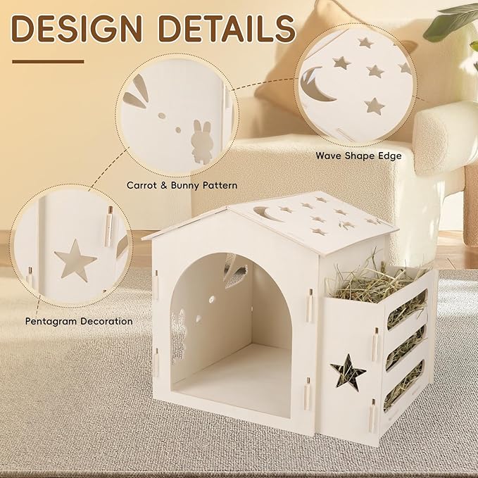 Extra Large Rabbit House & Rabbit Hay Feeder, Indoor Bunny Hideout with Feeder, Small Animal Houses & Habitats and Guinea Pig Hay Feeder