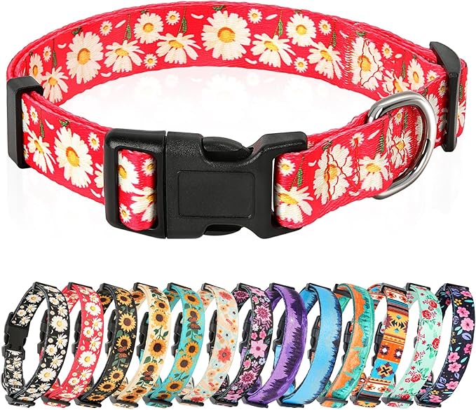 HEELE Dog Collar, Adjustable Soft Dog Collar for Small Medium Large Dogs,Daisy Floral Patterned Puppy Collars with Quick Release Buckle Daisy Red L Length 15.94''-25.59'