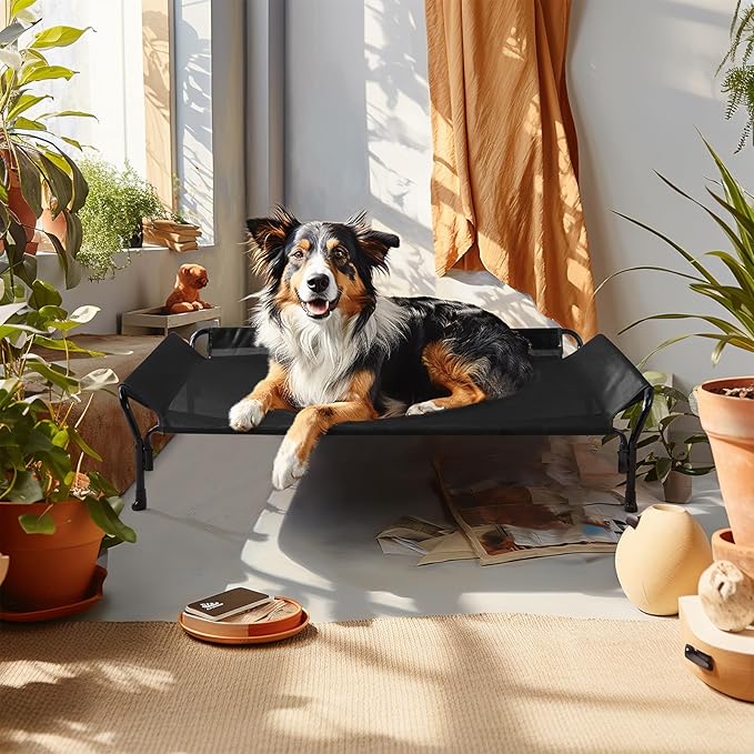 Veehoo Cooling Elevated Dog Bed, Raised Pet Cot with Guardrail & Slope Headrest, Durable & Breathable Teslin Mesh, Non-Slip Feet, Washable Dog Sofa Bed for Indoor & Outdoor, Large 47" x 32", Black