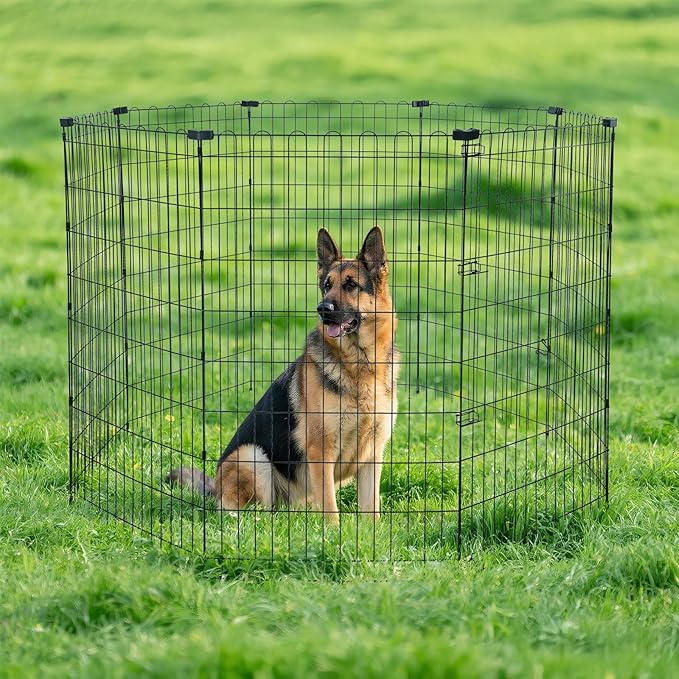 Amazon Basics Foldable Octagonal Metal Exercise Dog Playpen - Indoor/Outdoor, No Door, Extra Large (8 Panels, 24 x 48), Easy to assemble, store, and customize, 48" - X-Large, Black