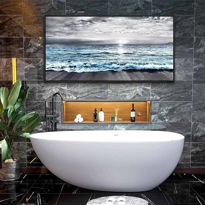 Wapluam Large Black Framed Wall Art For Living Room Wall Decorations For Bedroom Office Wall Decor Black And White Wall Painting Blue Sea Wave Pictures Artwork For Modern Beach Canvas Prints Poster
