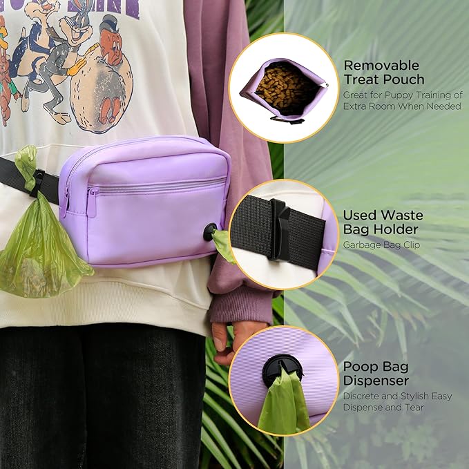 Puppy Dog Treat Pouches for Pet Training Treat Bag, Dog Walking Fanny Pack with Carabiner, Built-in Poop Bag Dispenser & Reuse Dog Poop Holder, Puppy Pet Treat Waist Belt (Purple)