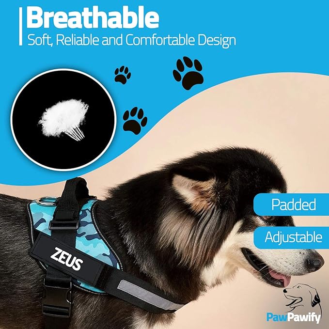 PawPawify Custom No Pull Dog Harness with Name and Phone Number, Heavy Duty Personalized Pet Vest to Prevent Tugging, Pulling, or Choking, Training and Walking (Blue, XS (5-9LBS))