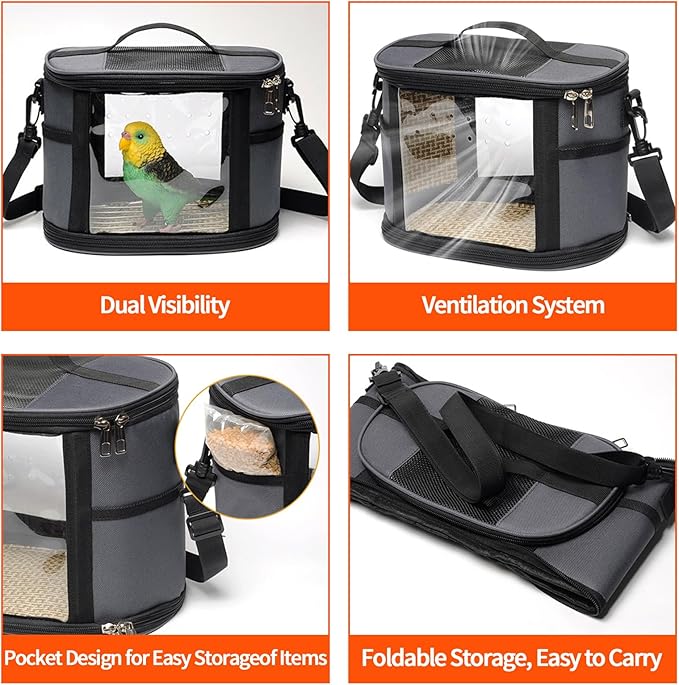 Bird Travel Carrierm, Small Bird Travel Backpack Carrier Cage with Tray and Breathable Clear Window, for Parakeet Cockatiel Budgies, for Camping Hiking (Beige)