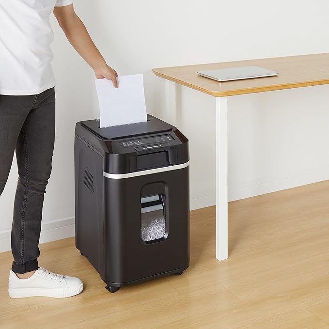 Amazon Basics 200-Sheet Auto Feed Cross Cut Paper Shredder with Pullout Basket, Black
