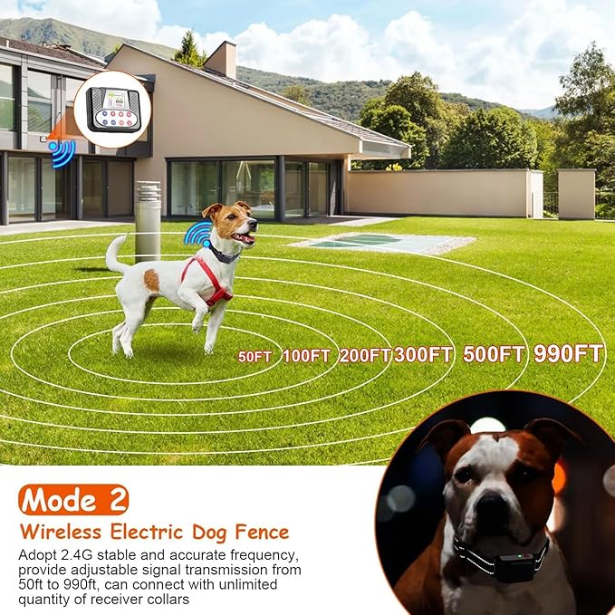Dog Wireless Fence & Remote Shock Dog Training Collar 2-in-1, Electric Dog Fence, Adjustable Warning Strength & Range Sizes, Rechargeable Pet Boundary Containment System for 1/2/3/4 Dogs,for3dogs