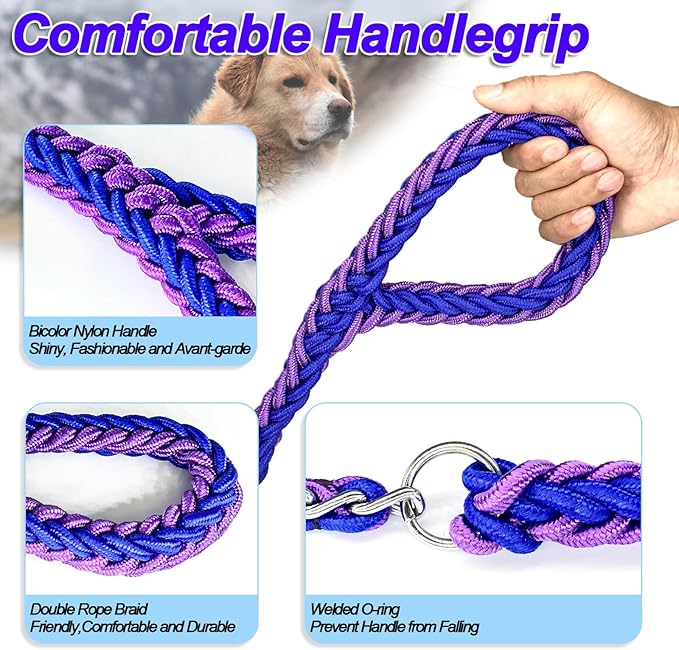 Dog Leash Rope Chain, Nylon Rope Metal Chain for Pet Leads. 6ft Heavy Duty Chew Proof Training Walking for Medium Large Dogs. (Medium, Blue&Purple)