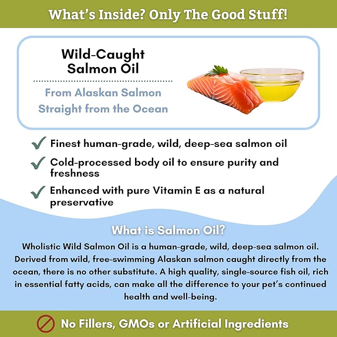 Wholistic Pet Organics Salmon Oil: Deep Sea Wild Alaskan Salmon Oil for Dogs - Omega 3 Dog Fish Oil with EPA and DHA for Skin, Coat, Heart and Nervous System Health - 4 Oz