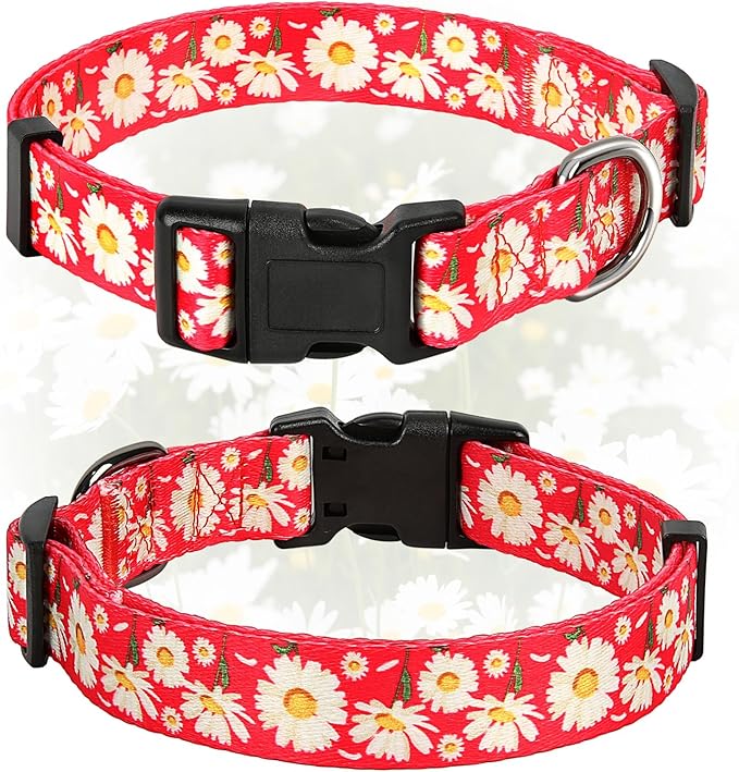 HEELE Dog Collar, Adjustable Soft Dog Collar for Small Medium Large Dogs,Daisy Floral Patterned Puppy Collars with Quick Release Buckle Daisy Red L Length 15.94''-25.59'