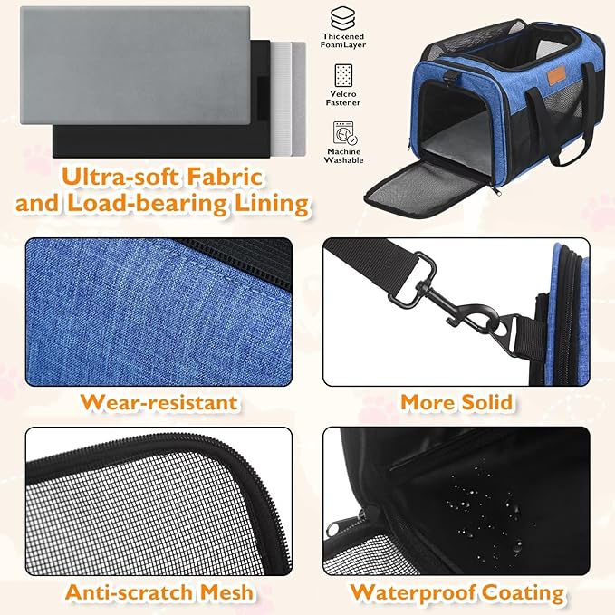 PETUX Pet Carrier Airline Approved, 17"x11"x9.5" Portable Cat Carrier Soft with Anti-Scratch Mesh for Small Cats up to 12 lb, Top Open Breathable Dog Carriers for Puppy up to 10 lb (Blue)