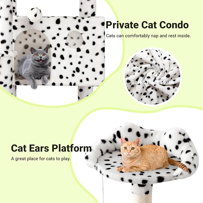 Allewie 64 Inches Cat Tree Tower/Multi-Level Activity Center for Indoor Big Felines/2 Plush Condos/2 Perchs/Basket/House/Sisal Scratching Posts/Hanging Cat Toys/White & Black Spot