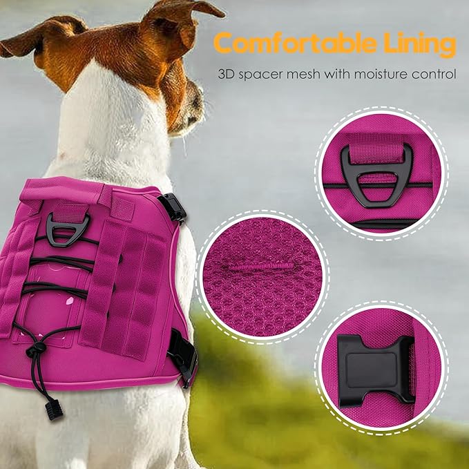Heavy-Duty Tactical Dog Harness for Large Dogs, No Pull Adjustable Reflective Pet Vest with Molle System, K9 Military-Grade Control for Service Training, Outdoor & 10+ Breeds, Pink, XX-Large