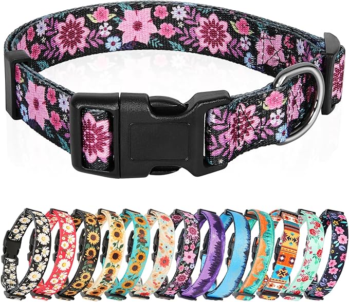 HEELE Dog Collar, Adjustable Soft Dog Collar for Small Medium Large Dogs,Floral Patterned Puppy Collars with Quick Release Buckle Galsang Black L Length 15.94''-25.59'