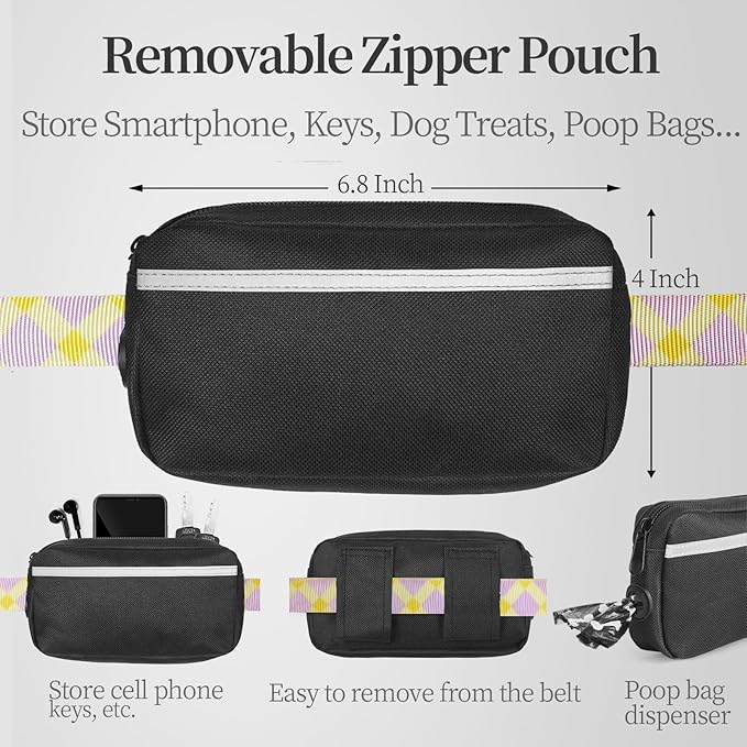 iYoShop Hands Free Dog Leash with Zipper Pouch, Dual Padded Handles and Durable Bungee for Walking, Jogging and Running Your Dog (Purple-Yellow Mix, Large)