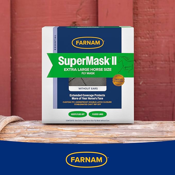 Farnam SuperMask II Fly Mask Without Ears for Larger Horses, Full Face Coverage and Eye Protection from Insect Pests, Structured Classic Styling Mesh with Plush Trim, XL Size